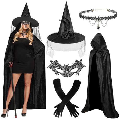 Beipegin Hexenkostüm Damen Schwarzer Umhang mit Kapuze Hexenhut Spitzenmaske Halskette Handschuhe Halloween Kostüm Damen Hexe Vampir Erwachsener Cosplay Party von Beipegin