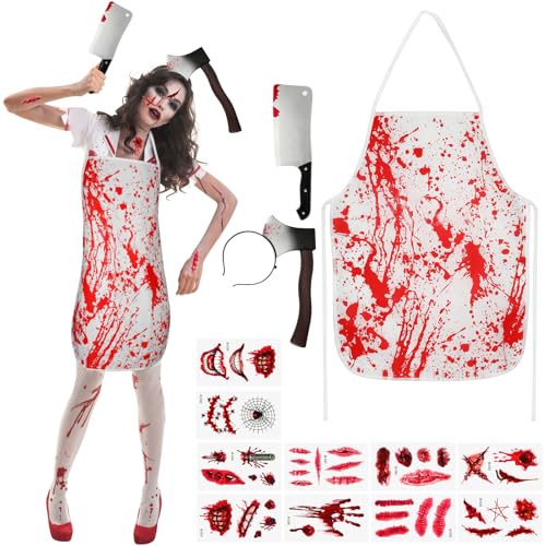 Metzger Kostüm Blutiges Schürze Messer im Kopf Blutiges Messer Zombie Halloween Kostüm Herren Horror Cosplay von Beipegin