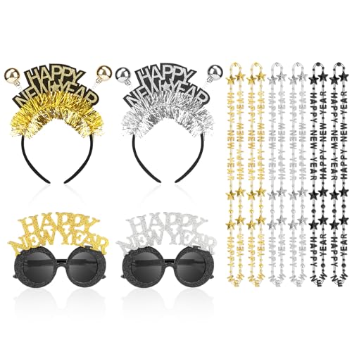 Silvester Haarreif 2025 Silvester Brille 2025 Happy New Year Halsketten, 10Stück Silvester Accessoires 2025, Silvester Party Zubehör für Kinder Erwachsene Silvester Deko 2025 Silvester Foto Requisiten von Beipegin