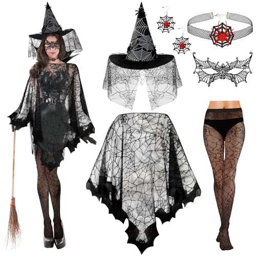 Beipegin Spinnen Kostüm Damen Accessoires,Spinnennetz Poncho Spinnen Netz Hexenhut Halloween Spinnen Halsketten Ohrringe Strumpfhose mit Maske Halloween Kostüm Fasching Party Cosplay von Beipegin