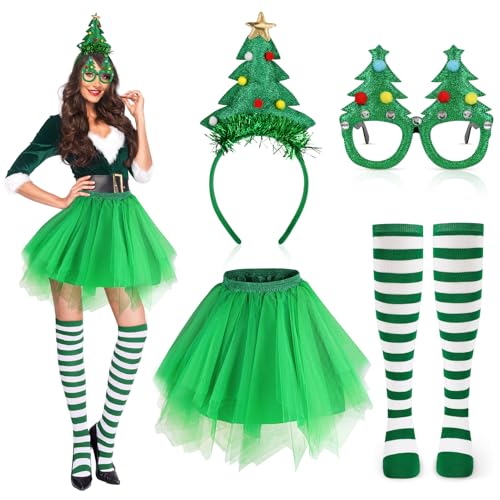 Beipegin Weihnachtsbaum Kostüm Damen,Tutu Rock Weihnachts Haarreif Weihnachtsbaum Brillen Socken Tannenbaum Kostüm Weihnachten von Beipegin