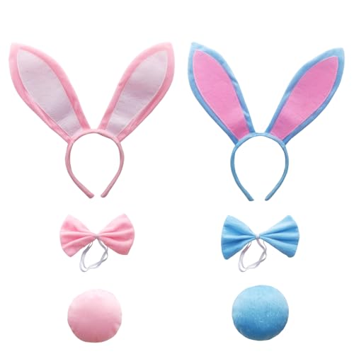 Bekecidi 2 Teiliges Osterhasen Kostüm Set, Hasenohren Stirnband Kaninchenkostüm Schwanzschleife, Ostern Cosplay Kostüm für Frauen Mädchen Erwachsene Osterparty Zubehör Dekoration (Rosa, Blau) von Bekecidi