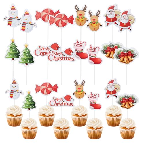 Bekecidi 24-teiliges Weihnachts-Cupcake-Topper-Set, Weihnachts-Kuchen-Topper, einzigartige Schneemann-, Elch- und Süßigkeiten-Kuchen-Topper, gestalten Sie eine unvergessliche Weihnachtsfeier für Sie von Bekecidi