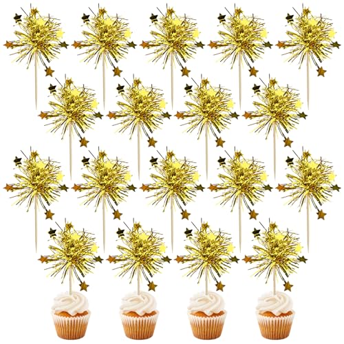 Bekecidi 60 Stück Cupcake-Topper, goldene, glitzernde Lametta-Feuerwerk-Cupcake-Topper, glitzernde Lametta-Cocktail-Obst-Zahnstocher für Kuchendekoration, Partyzubehör (Gold) von Bekecidi