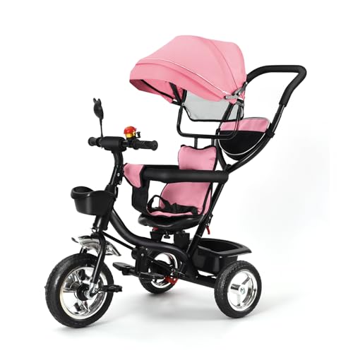 Belfoyer Laufrad, mitwachsend, Kinderfahrrad ab 10 Monaten, mit verstellbarem Elternstock, 3-Punkt-Sicherheitsgurt, Fußstütze, Sonnenblende, Korb und Aufbewahrungstasche (Rosa) von Belfoyer