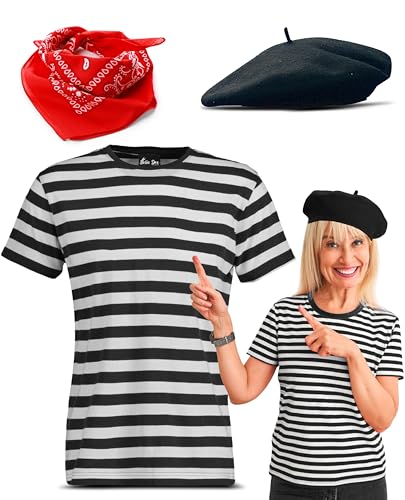 3-teiliges Franzosenfrauen-Set für Damen, Baskenmütze mit französischer Bastille, gestreiftes T-Shirt und roter Paisleymuster, für Halloween, Buchwoche, Kostüm (Schwarz, M) von Bella Dox