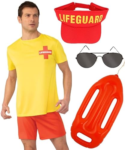 5 Stück Herren Rettungsschwimmer Kostüm Set - Rettungsschwimmer Hut + T-Shirt + Kurz + Brille + aufblasbarer Lebensretter Float - Sommer Strand Party Rettungsteam Verkleidung (STD) von Bella Dox