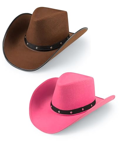 Bella Dox 2 Stück Cowboyhut Wilder Westen Western Cowgirl Hüte Fasching Spiel Kostüm Party Kopfbedeckung für Männer Frauen Sheriff Ranchers Hut Verstellbare Schnur (Braun + Rosa) von Bella Dox