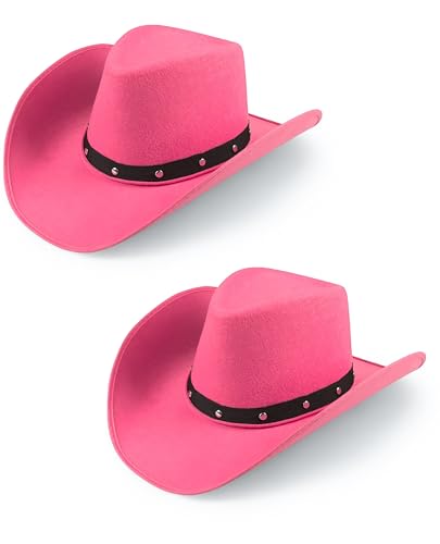 Bella Dox 2 Stück Cowboyhut Wilder Westen Western Cowgirl Hüte Fasching Spiel Kostüm Party Kopfbedeckung für Männer Frauen Sheriff Ranchers Hut Verstellbare Schnur (Rosa + Rosa) von Bella Dox