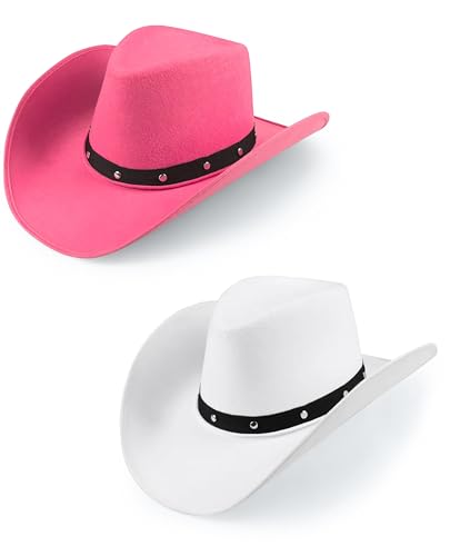 Bella Dox 2 Stück Cowboyhut Wilder Westen Western Cowgirl Hüte Fasching Spiel Kostüm Party Kopfbedeckung für Männer Frauen Sheriff Ranchers Hut Verstellbare Schnur (Rosa + Weiß) von Bella Dox