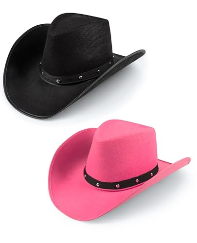 Bella Dox 2 Stück Cowboyhut Wilder Westen Western Cowgirl Hüte Fasching Spiel Kostüm Party Kopfbedeckung für Männer Frauen Sheriff Ranchers Hut Verstellbare Schnur (Schwarz + Rosa) von Bella Dox