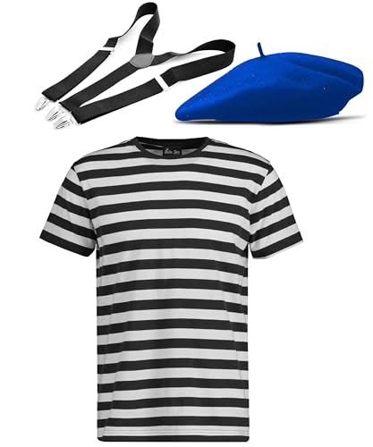 Bella Dox 3-teiliges Mime-Künstler-Kostüm-Set für Erwachsene, französische Straßenmime, Joker, Kostüm, Zubehör mit Baskenmütze + gestreiftem T-Shirt + Hosenträger (Blau, XXL) von Bella Dox