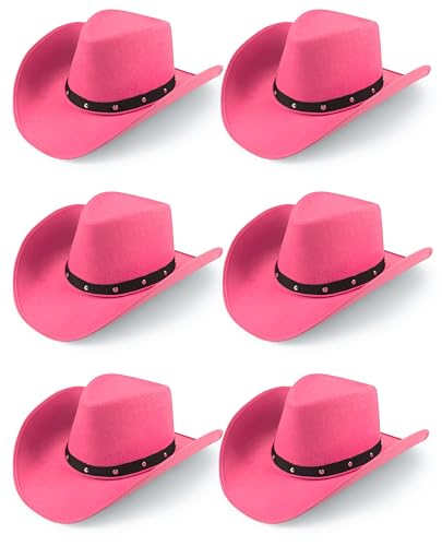 Bella Dox Cowboyhut Filz Wilder Westen Western Rodeo Texanische Cowgirl Hüte für Erwachsene Männer & Frauen Reisen Wandern Mottoparty Verkleidung Kostüm (Rosa, 6 Stück) von Bella Dox