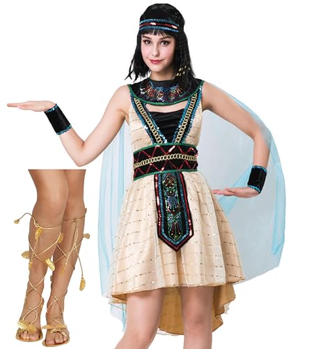 Bella Dox Damen Alte Ägyptische Königin Kleopatra Kostüm Kleid mit Umhang + Kopfbedeckung + Manschetten + Römische Sandalen Halloween Junggesellinnenabschied Party Verkleidung Outfit von Bella Dox