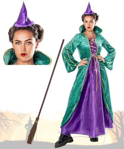 Bella Dox Damen Zauberin Hexenkleid und Hut auf Stirnband + Hexenbesen Kostüm Damen Hexen/Zauberer Verkleidung Cosplay Halloween Party Outfit (M) von Bella Dox