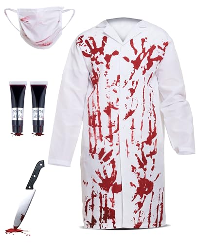 Bella Dox Erwachsene Blutiger Doktor Mantel + Maske + Blutige Spielzeug Prop + 2 x Fake Blood Tube - Halloween Cosplay Horror Gruseliges Zombie Chirurg Fasching Kostüm von Bella Dox