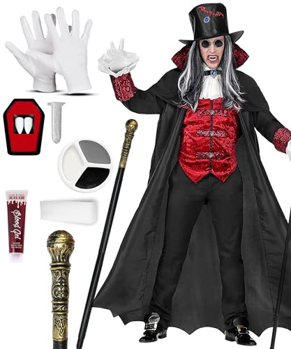 Bella Dox Erwachsene Herren Deluxe Vampir Lord Gothic Kostüm Langer Mantel mit Weste und Jabot, Zylinder, Handschuhen, Stock & Make Up Kit für Halloween Party Sünden Cosplay Verkleidung (STD) von Bella Dox