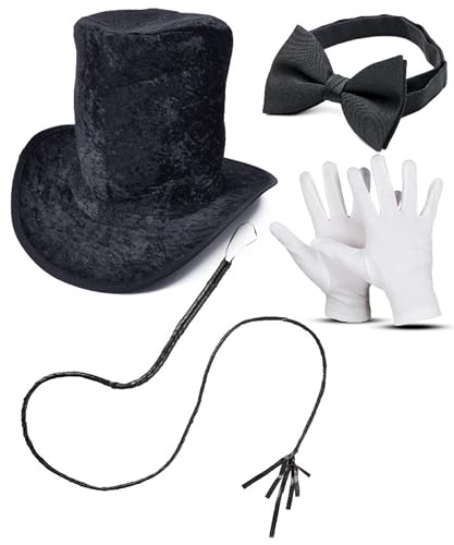 Bella Dox Erwachsene Ringmaster Zylinder + Fliege + Handschuhe + Peitsche - Zirkus Showman Magier Löwe Tamer Kostüm für Halloween Cosplay Mottoparty von Bella Dox