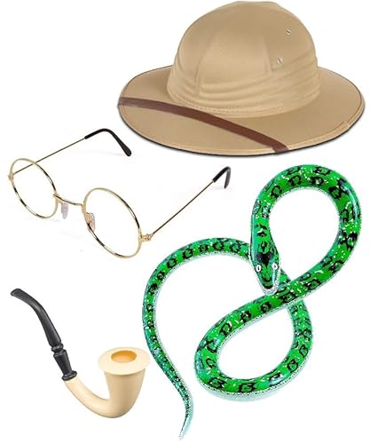 Bella Dox Erwachsene Safari Pith Hut + Brille + Fake Pipe Prop + Aufblasbare Schlange - Dschungel Entdecker Jäger Reisende Kostüm Set für Herren & Damen von Bella Dox