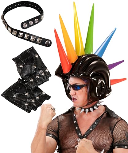 Bella Dox Erwachsene Steampunk Nieten Handschuhe + Choker + Aufblasbarer Mohawk Spikes Helm 1980er Jahre Punk Rocker Thema Party Karneval Fasching Zubehör Set von Bella Dox