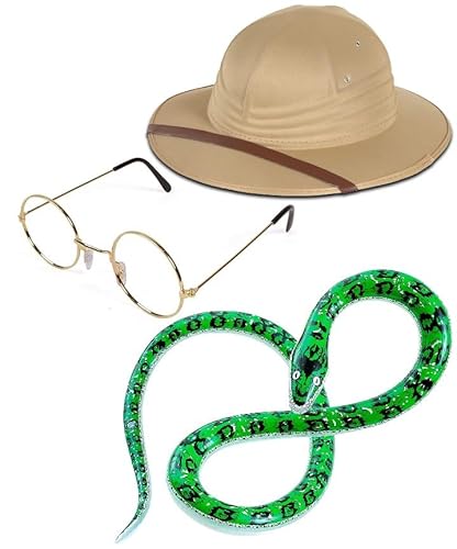 Bella Dox Erwachsene Unisex Dschungel Safri Hunter Abenteurer Kostüm 3-teiliges Set - Safari Pith Hut + Brille + Aufblasbare Schlange von Bella Dox