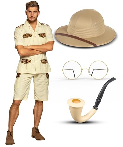 Bella Dox Erwachsenenkostüm Dschungel-Safari-Kostüm, Safari-Hut, Hemd, Shorts, Pfeifenrequisite und Brille für Herren, Entdecker, Jäger, Abenteurer, Reisende, Zoo-Keeper, Outfits von Bella Dox