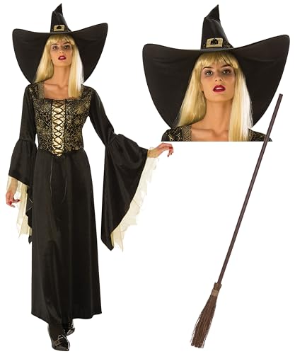 Bella Dox Frauen Halloween Hexenkostüm Schwarz & Gold Kleid + Hut + Hexen Besen Set Gothic Märchen Gruselige Hexe Zauberer Party Verkleidung Outfit (S) von Bella Dox