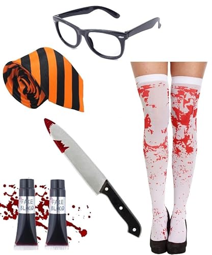 Bella Dox Halloween Blutiges Zombie Schulmädchen Kostüm für Damen - Brille + Krawatte + Blutiger Strumpf + Messer-Requisite + 2x Fake Blood Tube Horror Scary Nerd Geek Dress Up von Bella Dox