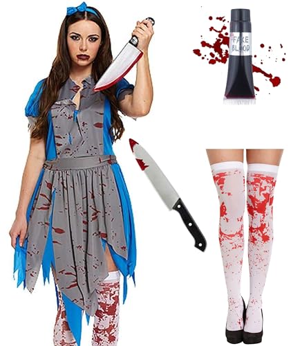 Bella Dox Halloween-Kostüm für Damen, Horror, Alice – Kleid + Schürze + Stirnband + blutiger Strumpf + Messer-Requisite + Kunstblutröhre, gruseliger Zombie-Killer, Dame Gothic von Bella Dox