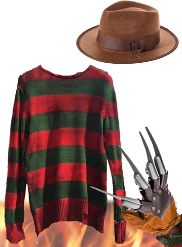 Bella Dox Herren Halloween Nightmare On Elm Street Freddy Krueger Horror Kostüm Pullover + Hut + Klauenhandschuhe Verkleidung Outfit (S) von Bella Dox