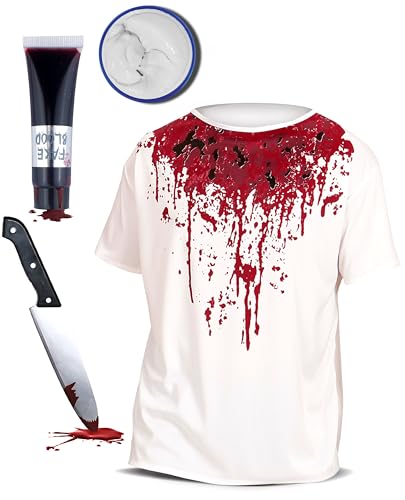 Bella Dox Herren Halloween Zombie Kostüm Set mit Blut T-Shirt + Kunstblut + Weiß Farbe + Blutige Spielzeug Requisite - Gruseliger Horror Gruselige Mottoparty Verkleidung (STD) von Bella Dox