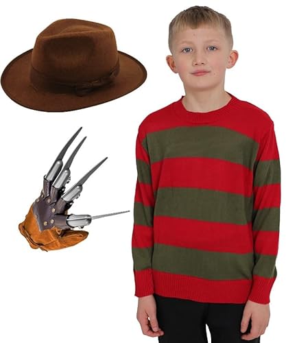 Bella Dox Junior Freddy Krueger Kostüm mit rotem & grünem Streifenpullover + braunem Hut + Krallenhandschuh für Halloween, Nightmare On ELM Street Cosplay Outfit (Medium 9-10y) von Bella Dox