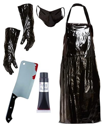 Bella Dox Kostüm für Erwachsene, gruseliger Metzgerchirurg, schwarze Schürze + Handschuhe + Maske + Kunstblut + blutiges Hackbeil Requisite, gruseliger Killerkoch, Halloween-Horror-Outfit von Bella Dox