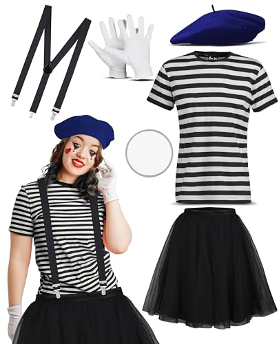 Bella Dox Mime-Künstler-Kostüm für Damen, 6-teiliges Set, französischer stille Straßenclown-Kostüm, Outfits für Damen, Halloween, Buchwoche, Junggesellinnenabschied, Blau (Blau, L) von Bella Dox