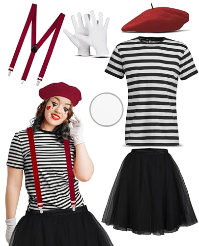 Bella Dox Mime-Künstler-Kostüm für Damen, 6-teiliges Set, französischer stille Straßenclown-Kostüm, Outfits für Damen, Halloween, Buchwoche, Junggesellinnenabschied, Rot, Größe L von Bella Dox