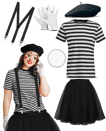 Bella Dox Mime-Künstler-Kostüm für Damen, 6-teiliges Set, französischer stiller Straßenclown, Kostüm-Outfits für Damen, Halloween, Buchwoche, Junggesellinnenabschied, Schwarz (Schwarz, XL) von Bella Dox