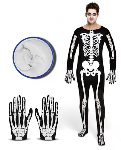 Bella Dox Skelett Knochen Halloween Kostüme Skelett Bodysuit + Handschuhe + Weiß Farbe Schädel Sensenmann Horror Gruselparty Verkleidung von Bella Dox