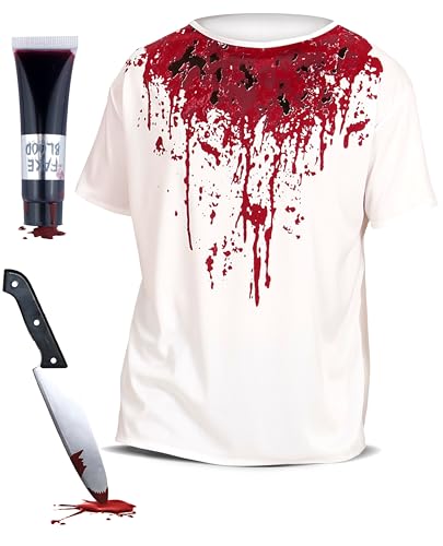 Bella Dox Weißes Zombie-Shirt für Erwachsene, Herren, mit Blutspritzer + blutiger Spielzeug-Requisite + Kunstblutröhre, Killer-Zombie-Metzger-Mottoparty, Halloween-Kostüm (STD) von Bella Dox