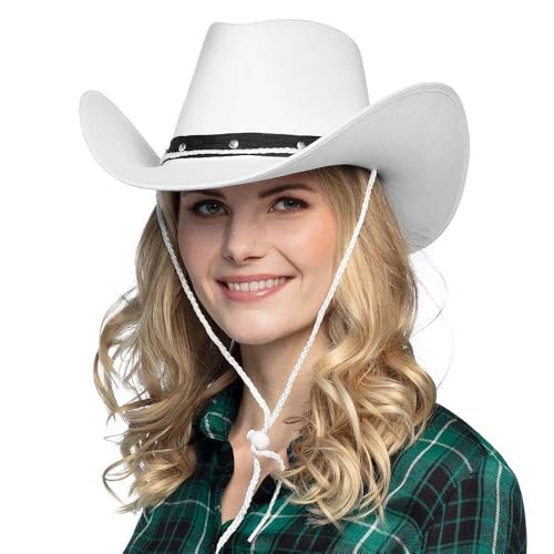 Bella Dox Wild West Western Cowboy-Cowgirl-Hut aus Filz für Damen und Herren, breite Krempe, Rancher, texanischer Sheriff, Rodeo, Party, Kostüm, Kopfbedeckung (weiß) von Bella Dox