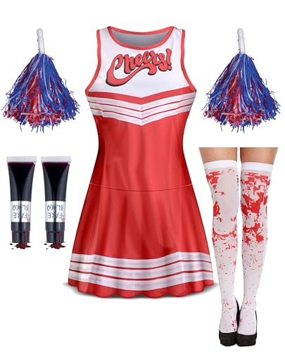 Bella Dox Zombie-Cheerleader-Damen-Uniform mit Cheerleader-Kleid + Pompons + blutige Strümpfe + Kunstblutröhre, High School Halloween Events Kostüm (S) von Bella Dox