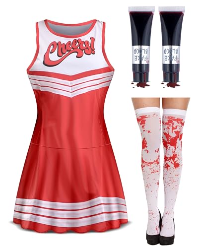 Bella Dox Zombie Cheerleader Erwachsenenkostüm Damen Cheer Leader Kleid + Blutiger Strumpf + 2x Fake Blood Tube Halloween Kostüme Zubehör Cosplay Nacht Party (L) von Bella Dox