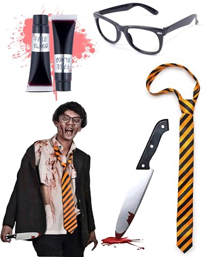 Bella Dox Zombie Schuljunge Schulmädchen Nerd Geek Horror Kostüm Zubehör Set mit Brille + Streifen Krawatte + Messer Prop + 2x Fake Blood Tube von Bella Dox