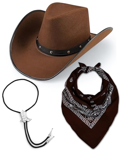 Cowboy-Cowgirl-Hut für Erwachsene, brauner Hut + Bootlace-Krawatte + Paisley-Bandana, Western-Kostüm-Accessoire für Männer und Frauen, Sheriff-Rodeo-Party (Braun) von Bella Dox