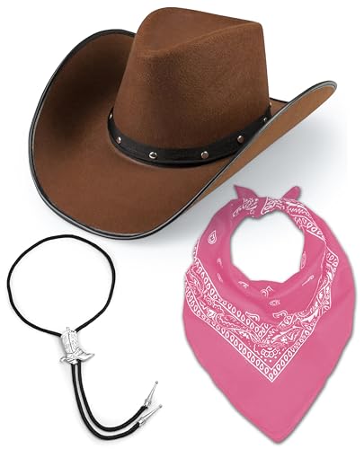 Cowboy-Cowgirl-Hut für Erwachsene, brauner Hut + Bootlace-Krawatte + Paisley-Bandana, Western-Kostüm-Accessoire für Männer und Frauen, Sheriff-Rodeo-Party (Rosa) von Bella Dox