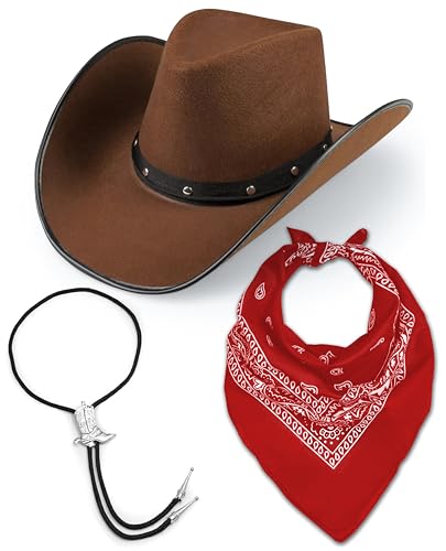 Cowboy-Cowgirl-Hut für Erwachsene, brauner Hut + Bootlace-Krawatte + Paisley-Bandana, Western-Kostüm-Accessoire für Männer und Frauen, Sheriff-Rodeo-Party (Rot) von Bella Dox