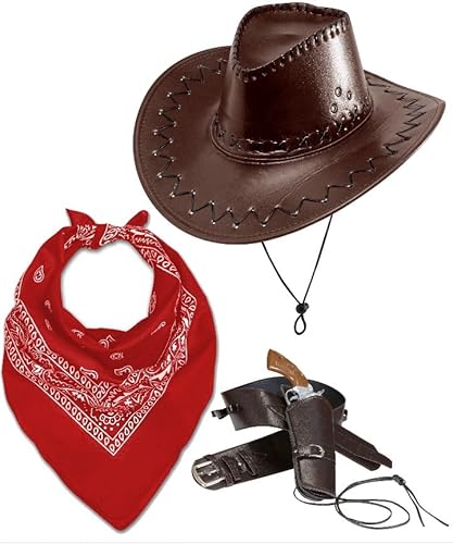 Cowboy-Kostüm-Zubehör für Erwachsene, Herren und Damen, Cowboyhut + Bandana + Westernholster und Gürtel – Mexikanischer Wilder Westen, Kostüm, Halloween, Party, Rollenspiel, 3-teilig von Bella Dox