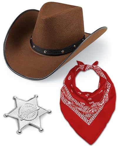 Cowboy Wilder Westen Sheriff Kostüm-Set für Herren & Damen, Hut + Bandana + Metall Sheriff Abzeichen Western Cowgirl Halloween Party Verkleidung (Braun) von Bella Dox