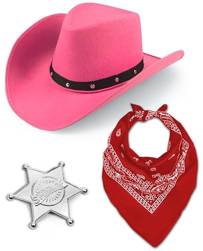 Cowboy Wilder Westen Sheriff Kostüm-Set für Herren & Damen, Hut + Bandana + Metall Sheriff Abzeichen Western Cowgirl Halloween Party Verkleidung (Rosa) von Bella Dox