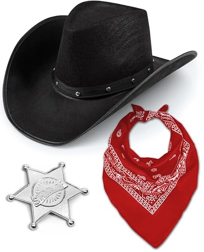 Cowboy Wilder Westen Sheriff Kostüm Set für Herren & Damen, Hut + Bandana + Metall Sheriff Abzeichen Western Cowgirl Halloween Party Verkleidung (Schwarz) von Bella Dox