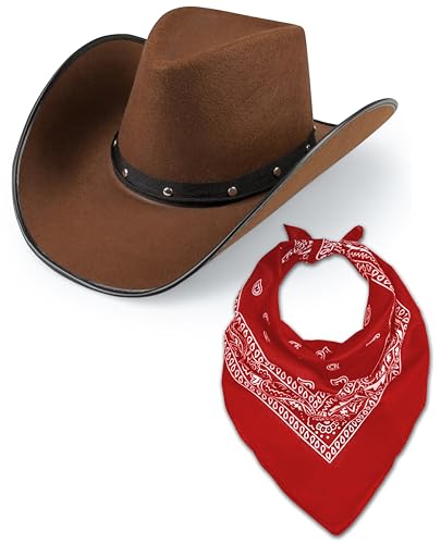 Cowboyhut & Bandana für Damen und Herren, Western-Wildleder, Panama-Hüte, Cowboy- & Cowgirl, Filz, breite Krempe, Wilder Westen, Faschingskostüm (brauner Hut + rotes Bandana) von Bella Dox